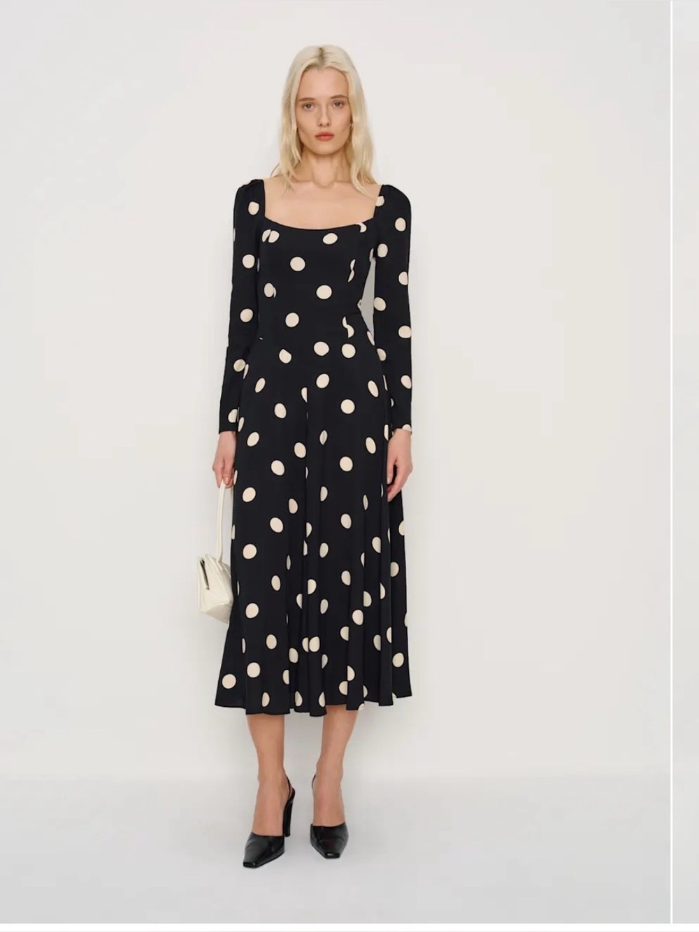 Reformation Black Midi Dress with Cream Polka Dots